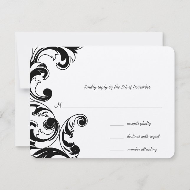 Royal Black Swirls Wedding RSVP Card (Back)