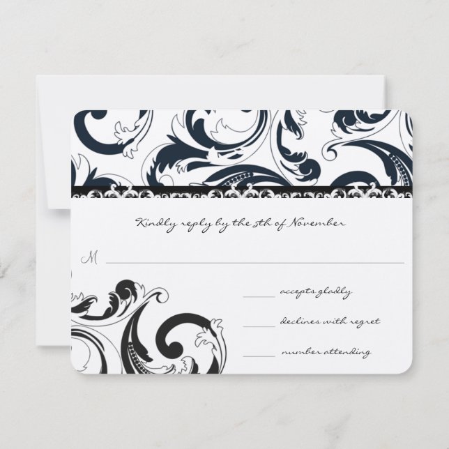 Royal Black Swirls Wedding RSVP Card (Back)