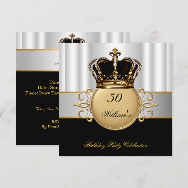 Royal Black White Gold Birthday Prince King Invitation (Front/Back)