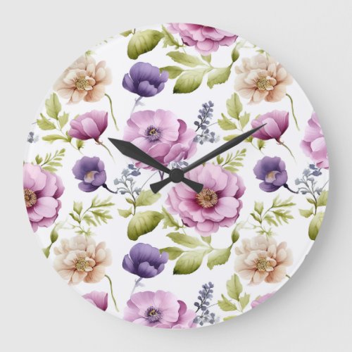 Royal Bloom Symphony Purple Floral Pattern Large Clock