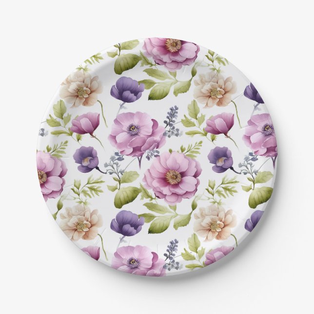 Royal Bloom Symphony Purple Floral Pattern Paper Plates (Front)