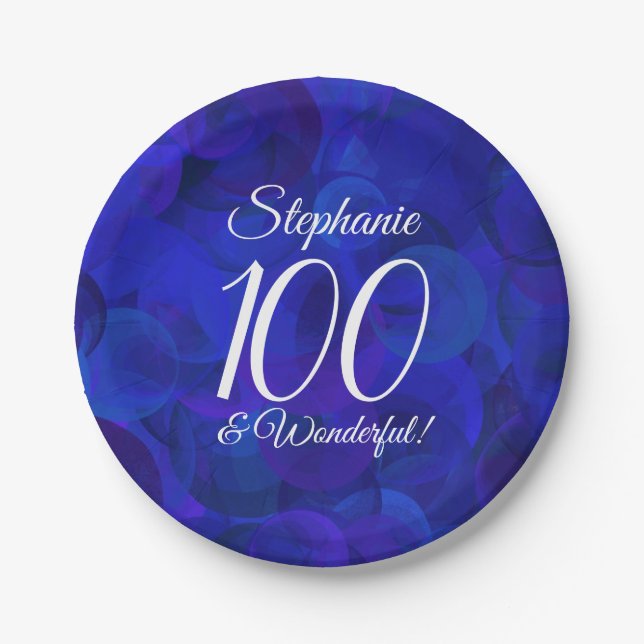 Royal Blue 100 and Wonderful Birthday Party Paper Plates (Front)