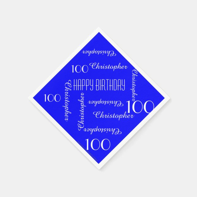 Royal Blue 100th Birthday Party Repeat Names Paper Napkins (Corner)