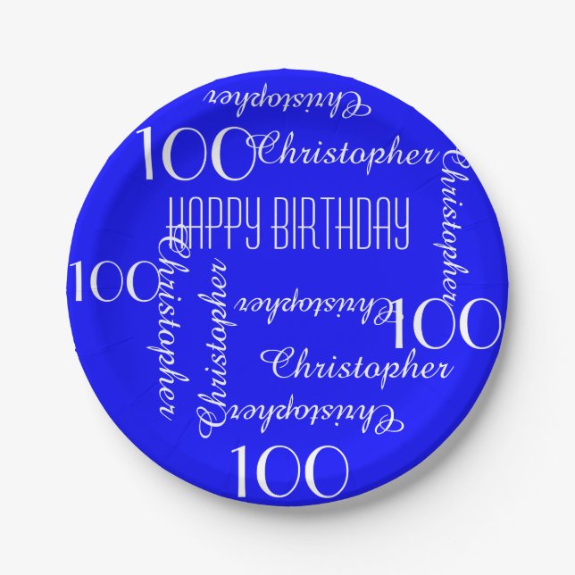Royal Blue 100th Birthday Party Repeating Names Paper Plates (Front)