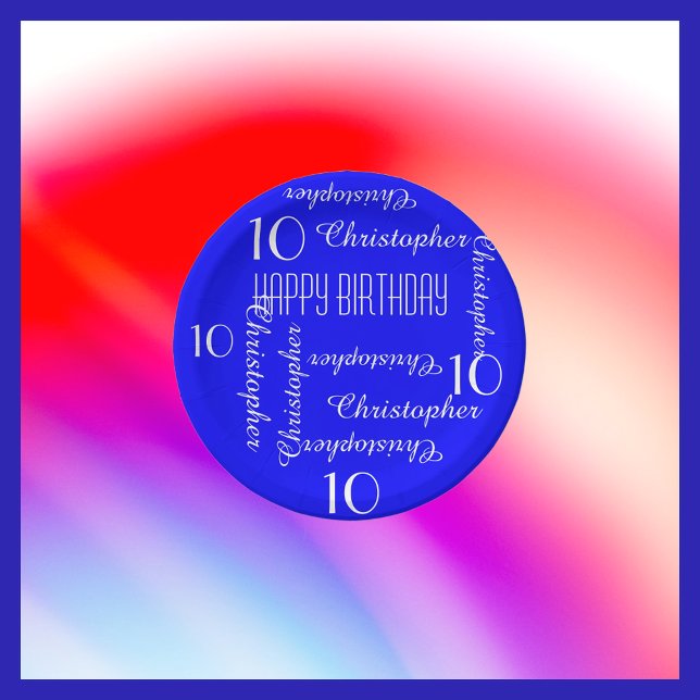Royal Blue 10th Birthday Party Repeating Names Paper Plates (Creator Uploaded)