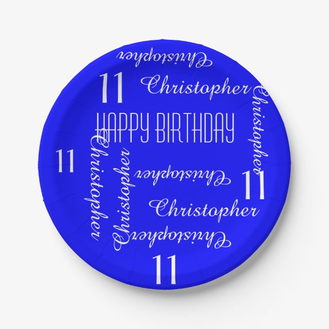 Royal Blue 11th Birthday Party Repeating Names Paper Plates (Front)