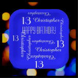 Royal Blue 13th Birthday Party Repeat Name Square Paper Plates<br><div class="desc">CHOOSE YOUR COLOR and create your own stylish, personalized paper plate for a 13th birthday party or any other occasion. Name and Age repeats in white. This style defaults to a bright blue background, but you can easily select a different background color. You be the designer! Easy to personalize -...</div>