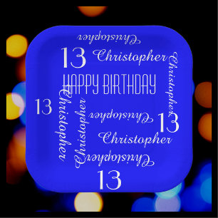 Royal Blue 13th Birthday Party Repeat Name Square Paper Plates