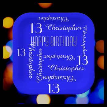 Royal Blue 13th Birthday Party Repeat Name Square Paper Plates by SocolikCardShop at Zazzle