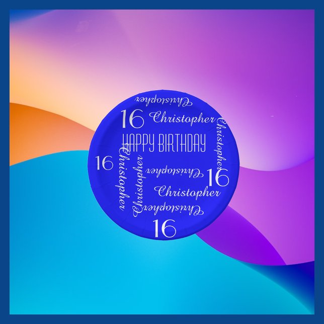 Royal Blue 16th Birthday Party Repeating Names Paper Plates (Creator Uploaded)