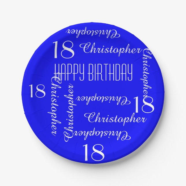 Royal Blue 18th Birthday Party Repeating Names Paper Plates (Front)