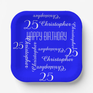 Royal Blue 25th Birthday Party Repeating Names Paper Plates