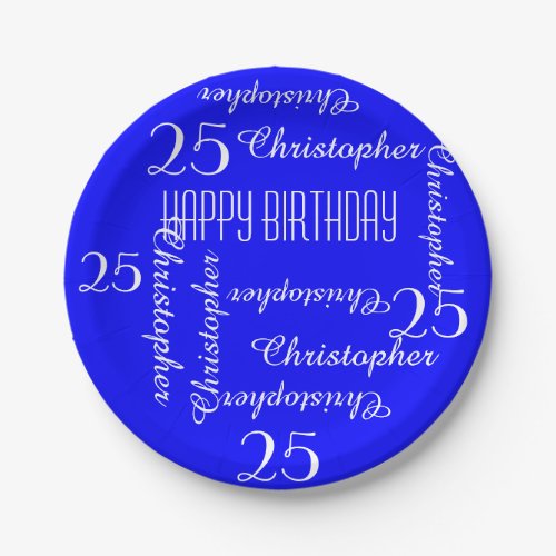 Royal Blue 25th Birthday Party Repeating Names Paper Plates