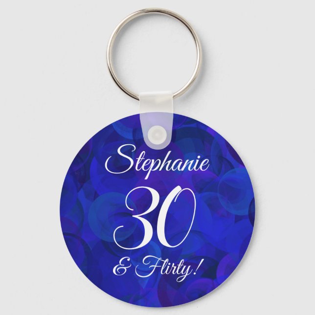Royal Blue 30 and Flirty Birthday Party Favor Keychain (Front)