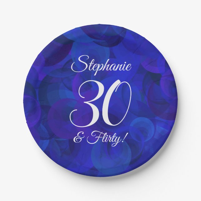Royal Blue 30 and Flirty Birthday Party Paper Plates (Front)