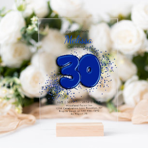 Royal Blue 30th Balloons Confetti Adult Birthday Acrylic Invitations