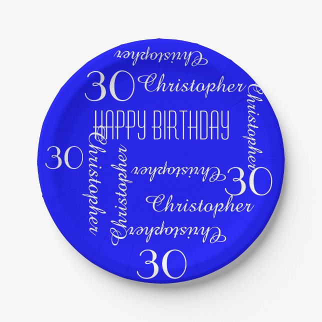 Royal Blue 30th Birthday Party Repeating Names Paper Plates (Front)