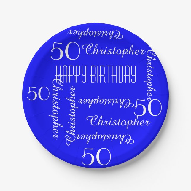 Royal Blue 50th Birthday Party Repeating Names Paper Plates (Front)