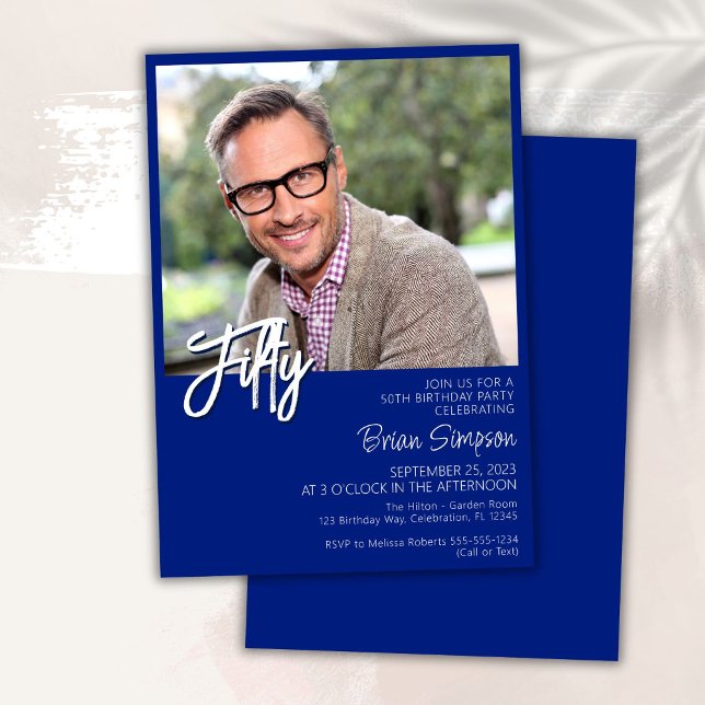 Royal Blue 50th Birthday Photo  Invitation (Creator Uploaded)
