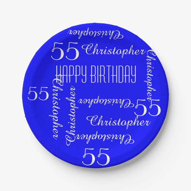 Royal Blue 55th Birthday Party Repeating Names Paper Plates (Front)