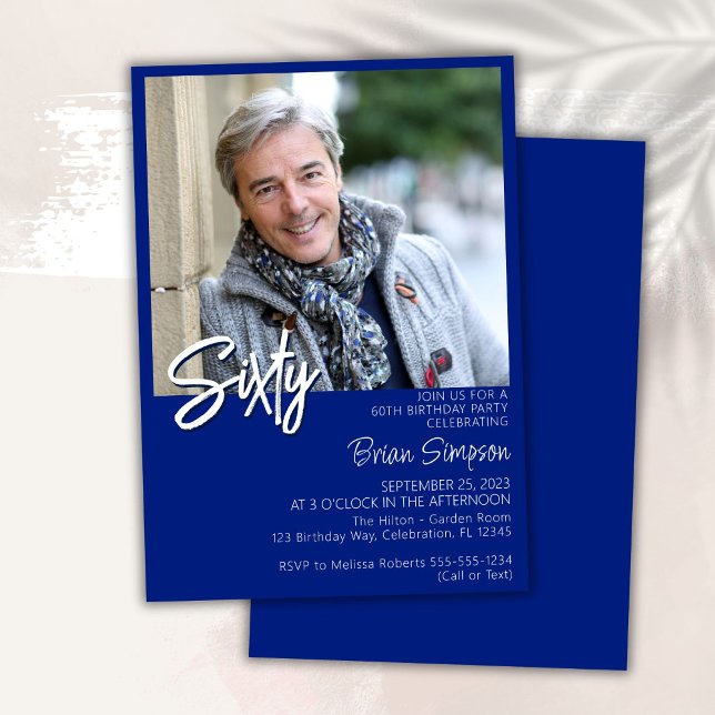 Royal Blue 60th Birthday Photo  Invitation (Creator Uploaded)