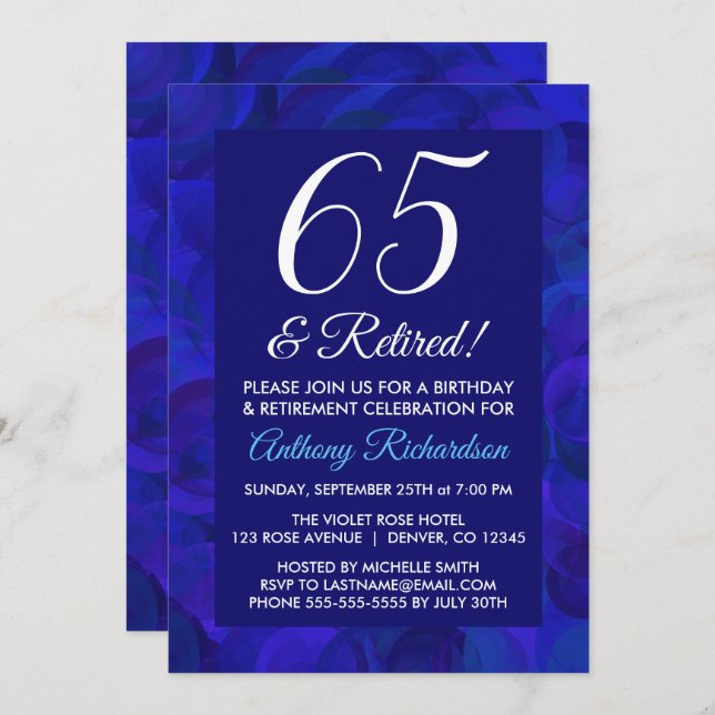 Royal Blue 65 and Retired Retirement Party Invitation (Front/Back)