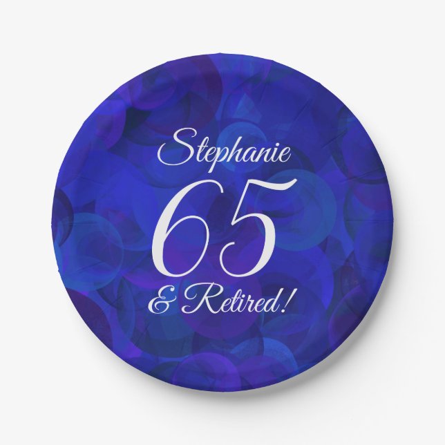 Royal Blue 65 and Retired Retirement Party Paper Plates (Front)