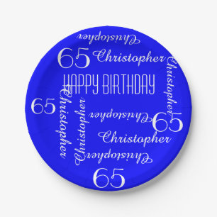 Royal Blue 65th Birthday Party Repeating Names Paper Plates