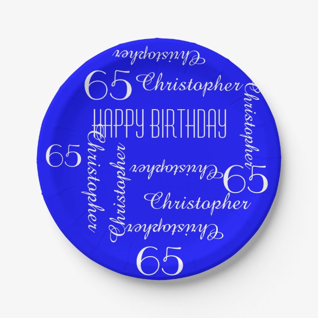Royal Blue 65th Birthday Party Repeating Names Paper Plates (Front)