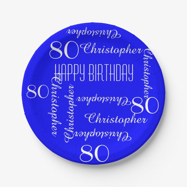 Royal Blue 80th Birthday Party Repeating Names Paper Plates (Front)