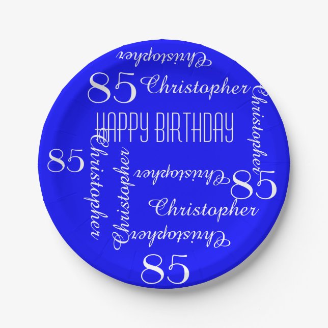 Royal Blue 85th Birthday Party Repeating Names Paper Plates (Front)