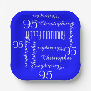 Royal Blue 95th Birthday Party Repeat Name Square Paper Plates
