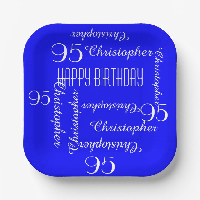 Royal Blue 95th Birthday Party Repeat Name Square Paper Plates (Front)