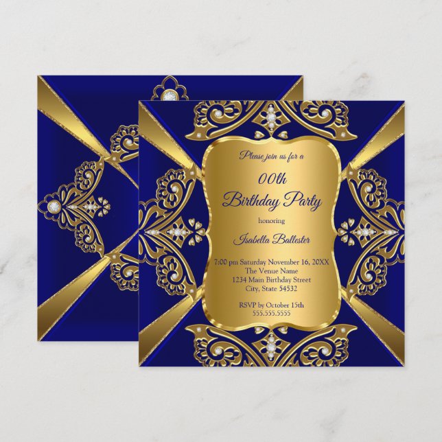 Royal Blue Add Age Birthday Party Gold Diamond Invitation (Front/Back)