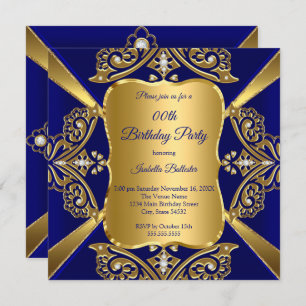Royal Blue Add Age Birthday Party Gold Diamond Invitation