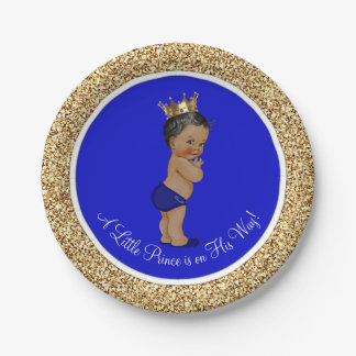 Royal Blue African American Prince Baby Shower Paper Plate