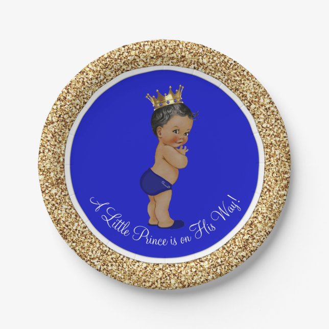 Royal Blue African American Prince Baby Shower Paper Plates (Front)