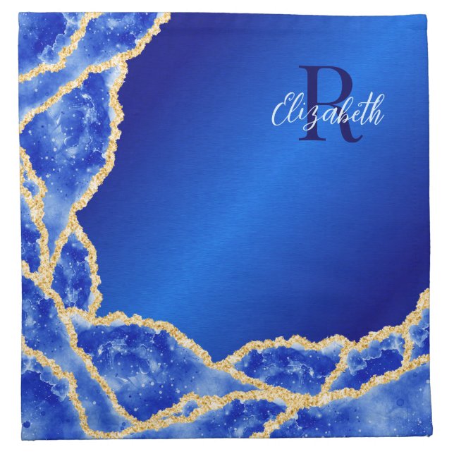Royal Blue Agate Elegant Kitchen Gift Monogram Cloth Napkin (Front)