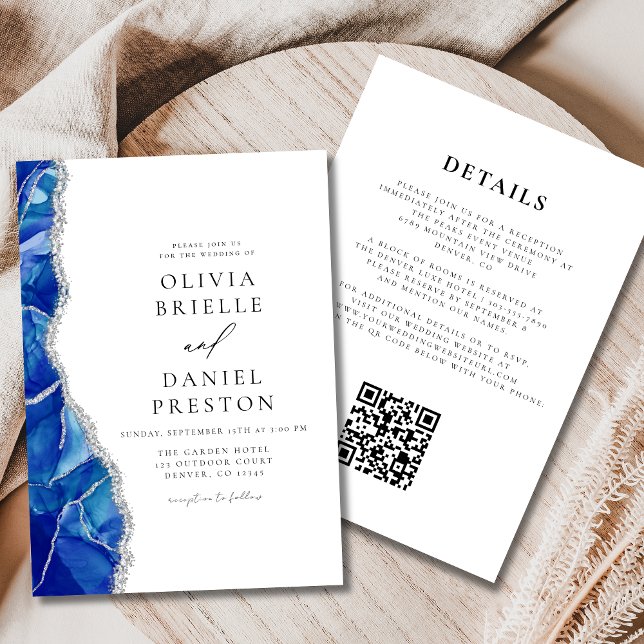 Royal Blue Agate Silver Wedding QR Code Invitation (Creator Uploaded)