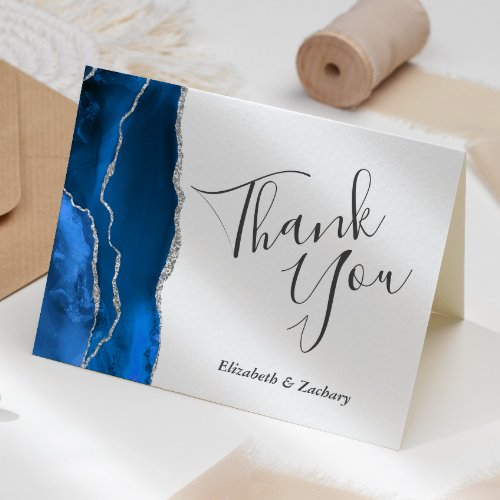 Royal Blue Agate Silver Wedding Thank You Card