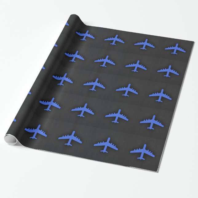 Royal Blue Airplane Wrapping Paper (Unrolled)