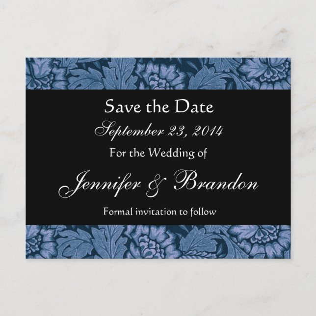 Royal Blue and Black Damask Save The Date Postcard (Front)