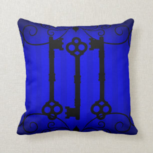 Royal blue and black elegant old keys and swirls throw pillow