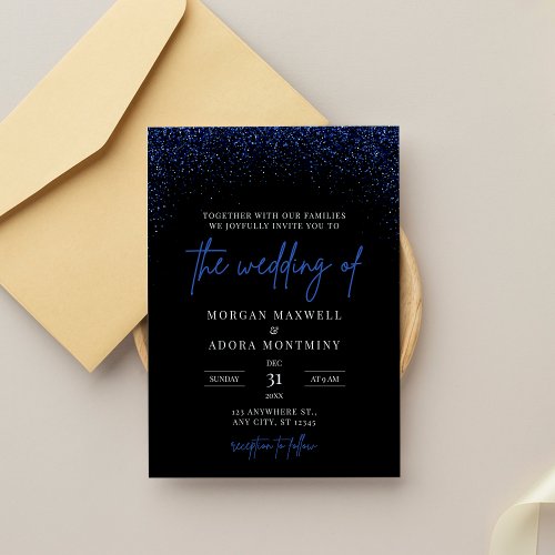 Royal Blue and Black Glitter Wedding Invitation