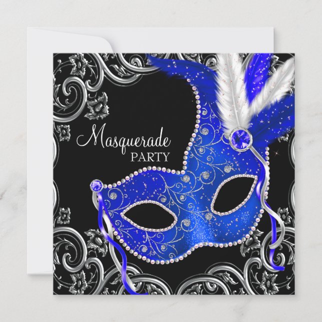 Royal Blue and Black Masquerade Party Invitation (Front)