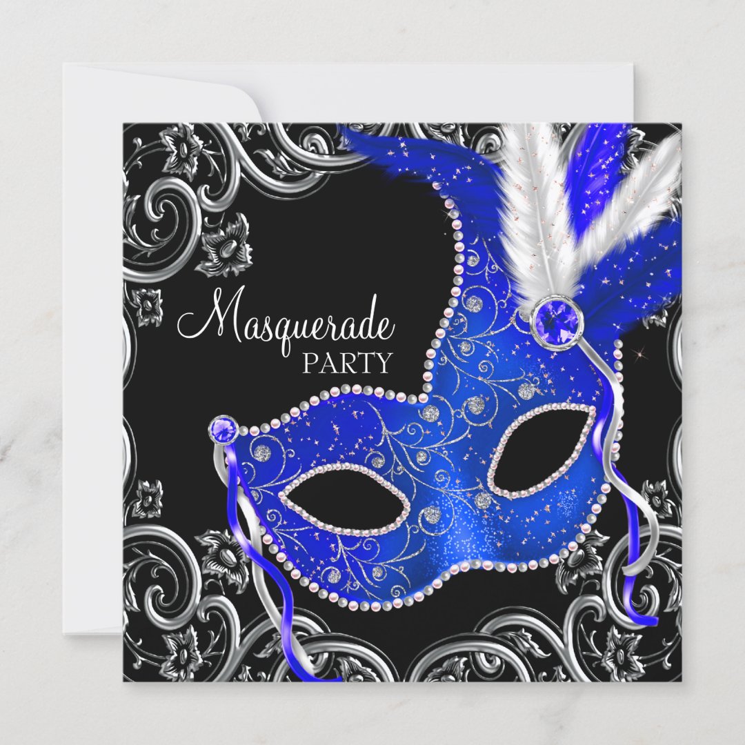 Royal Blue and Black Masquerade Party Invitation | Zazzle