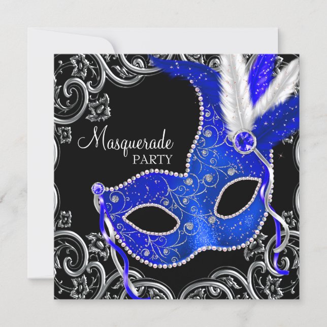 Royal Blue and Black Masquerade Party Invitation (Front)