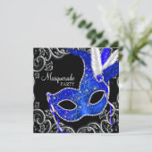 Royal Blue and Black Masquerade Party Invitation (Standing Front)