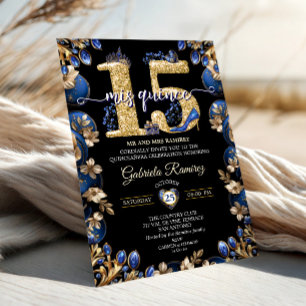 Royal Blue and Black Mis Quince 15 Quinceañera Invitation