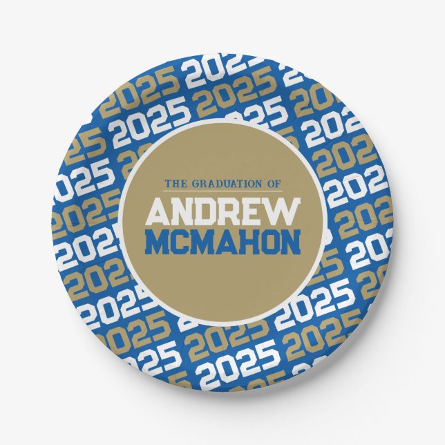 Royal Blue and Bronze Gold Personalized Graduation Paper Plates (Front)